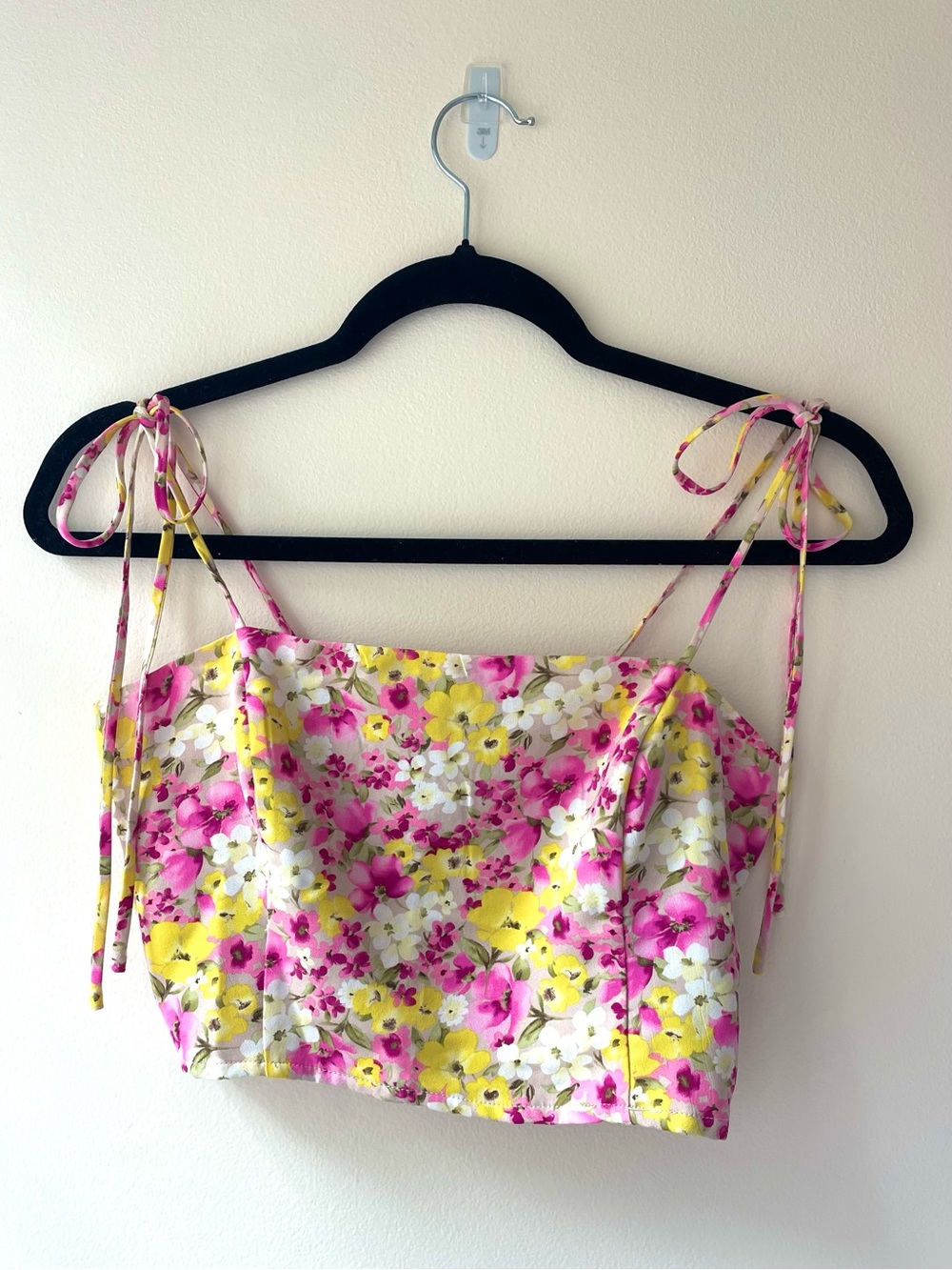 Forever 21 Pink, Yellow & White Floral Tie-Shoulder Crop Top